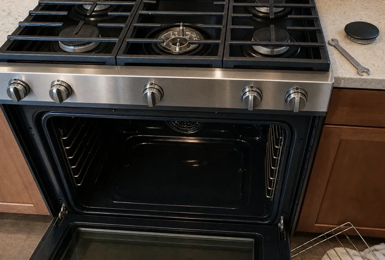 Close three-quarter view of a gas cooktop and control panel with one burner cap lifted off, the oven door open below and a wrench on the counter