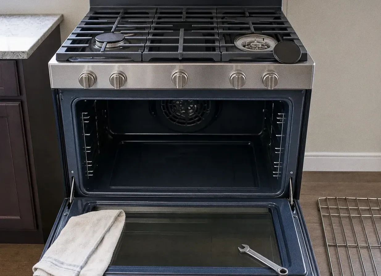 A stainless range with the oven door open and a folded towel and wrench resting on the door, an oven rack standing to one side