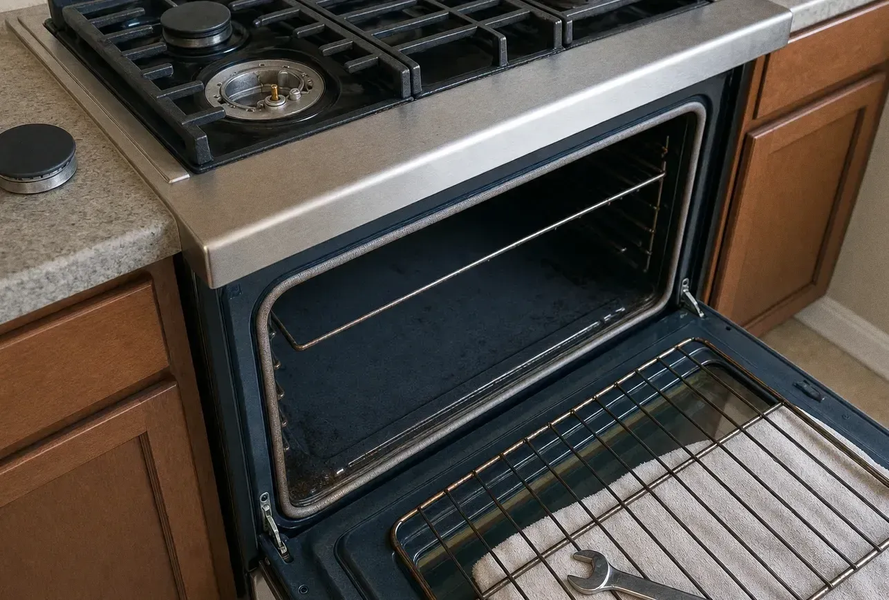 Angled view of a gas cooktop and open oven with the rack pulled part way out and a wrench lying on it
