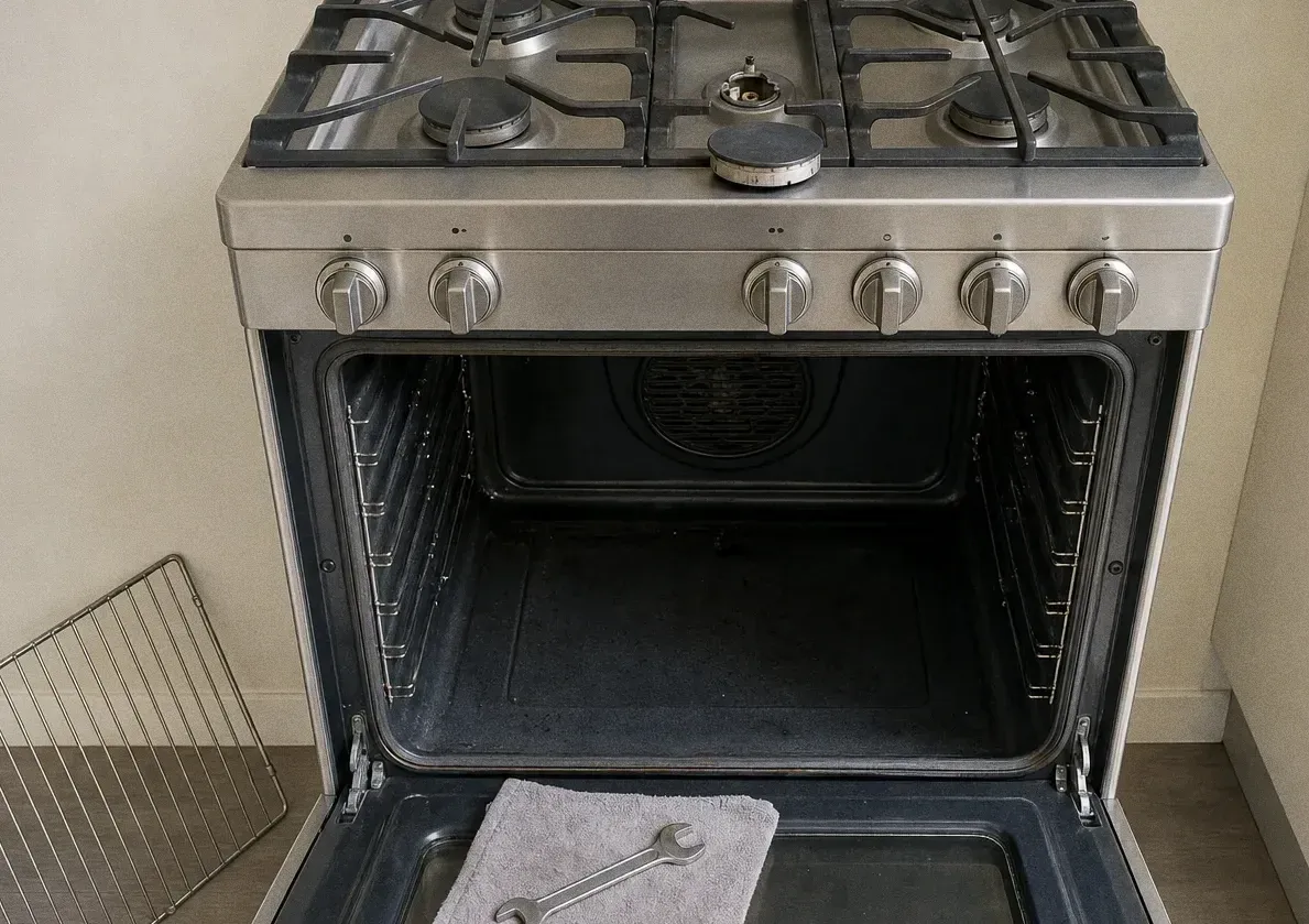 A range with the oven door open, both racks removed and one burner assembly exposed on the cooktop, a wrench on a folded towel